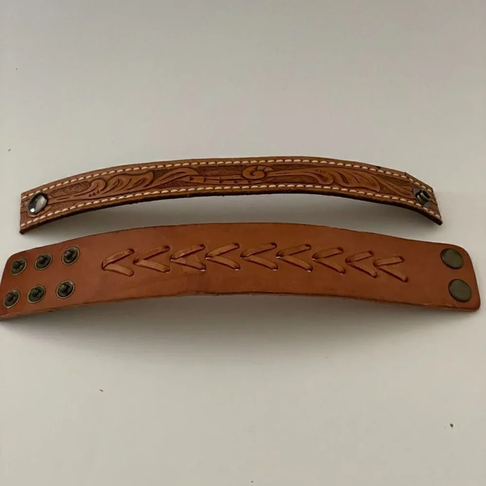 Handmade Set of Two Brown Leather Snap Closure Cowgirl Cuff Bracelets Large